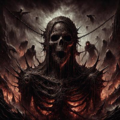 The primary subject of the image is a skeleton with a screaming face, surrounded by a group of other skeletons. The setting is a dark, possibly demonic, environment. The visual style is a digital art or illustration, with a focus on the skeletons and their expressions. The colors and mood are dark and intense, with the skeletons appearing to be in distress or agony.